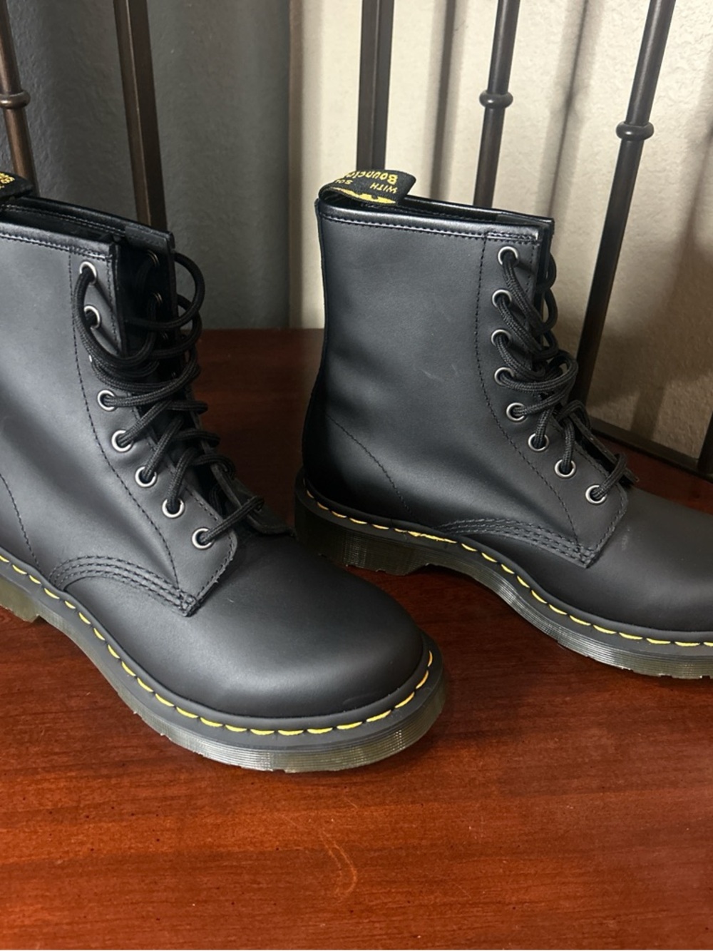 Dr. Martens Black Leather Combat Boots with Yellow Stitching NWOT